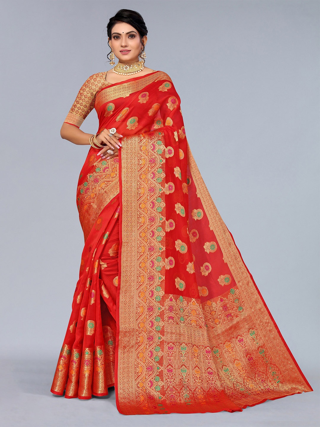 

Mitera Red & Gold-Toned Ethnic Motifs Woven Design Zari Organza Saree