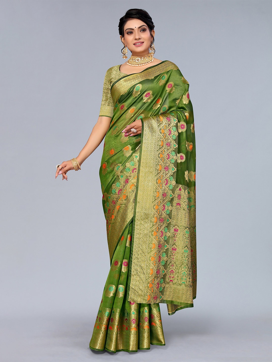 

Mitera Green & Red Ethnic Motifs Woven Design Zari Organza Saree