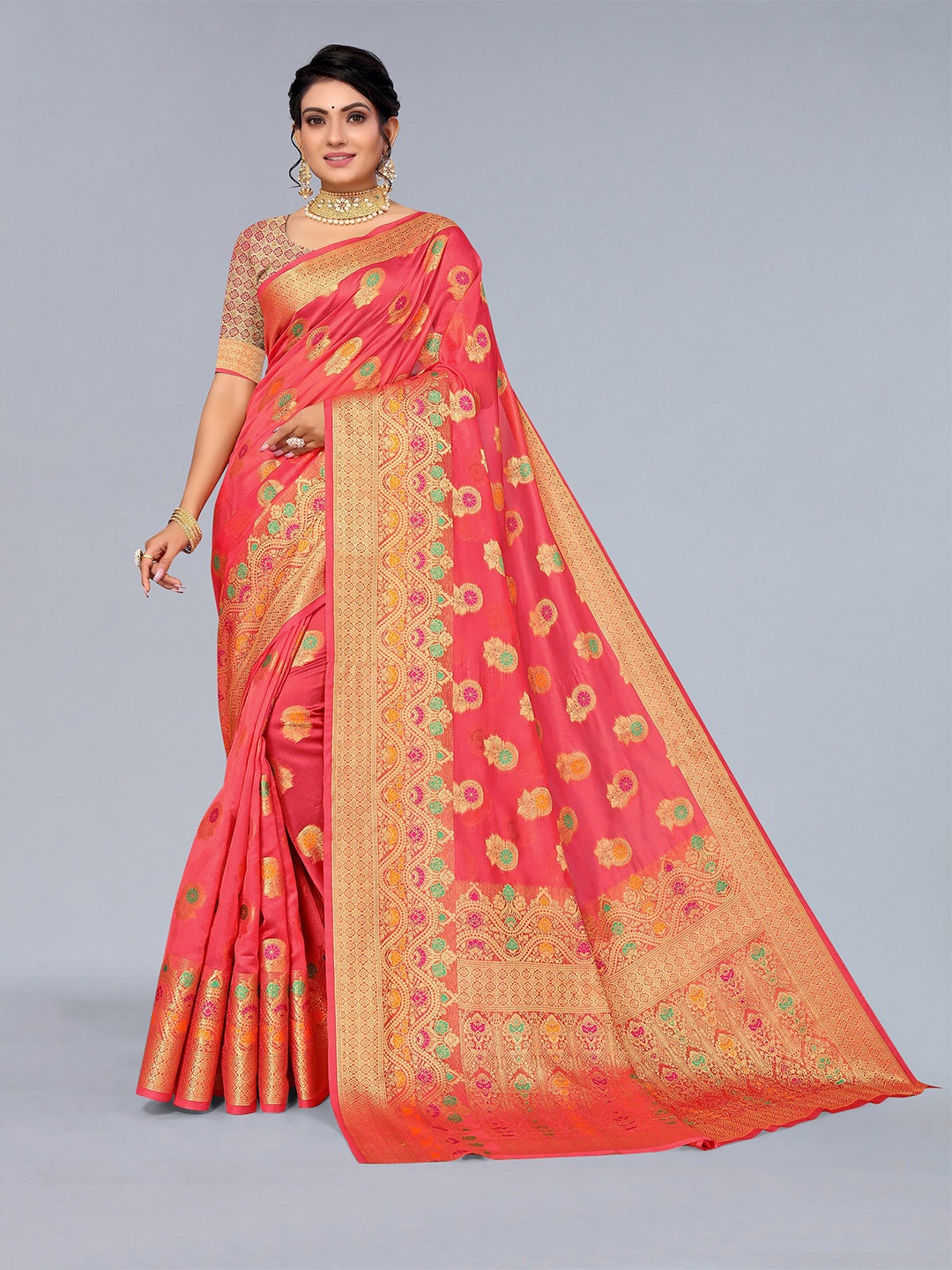 

Mitera Pink & Gold-Toned Ethnic Motifs Woven Design Zari Organza Saree