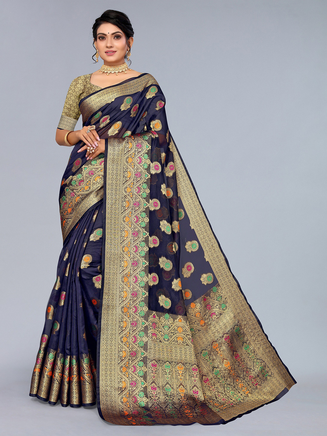 

Mitera Navy Blue & Red Ethnic Motifs Woven Design Zari Organza Saree