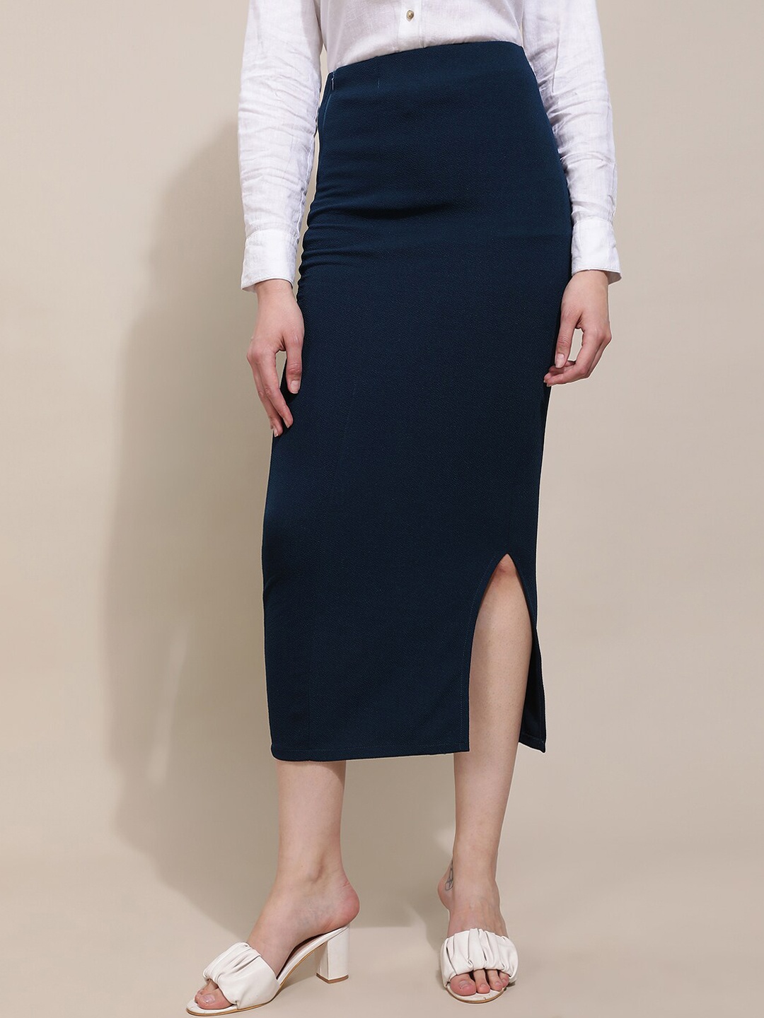 

Purple Feather Side Slit Maxi Pencil Skirt, Blue