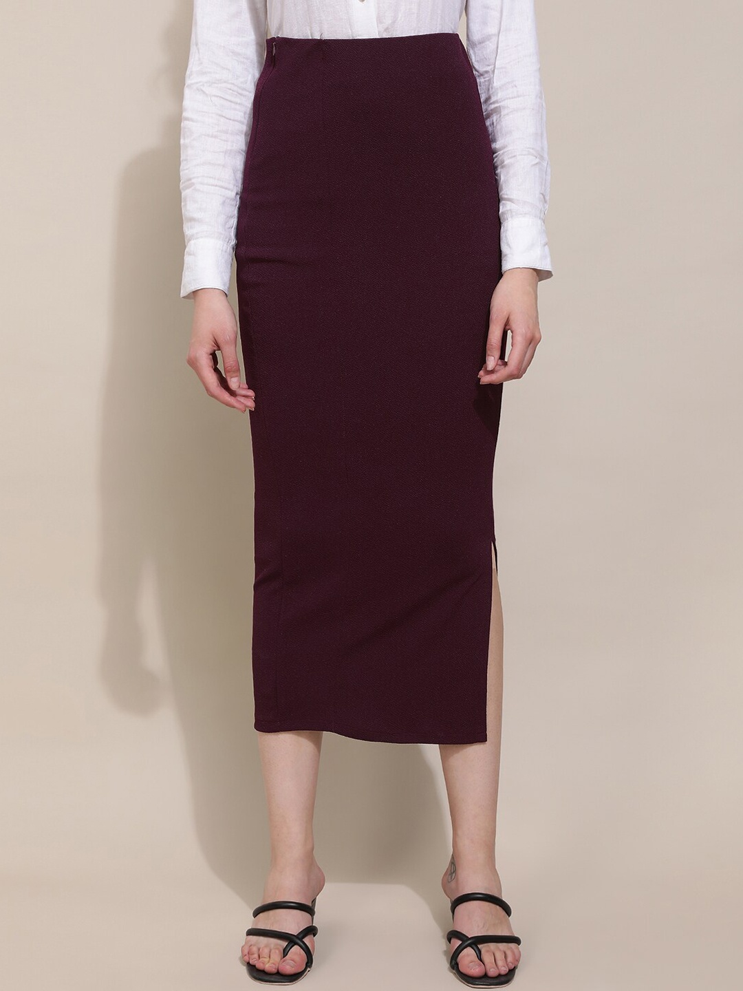 

Purple Feather Pencil Side Slit Maxi Skirt, Maroon