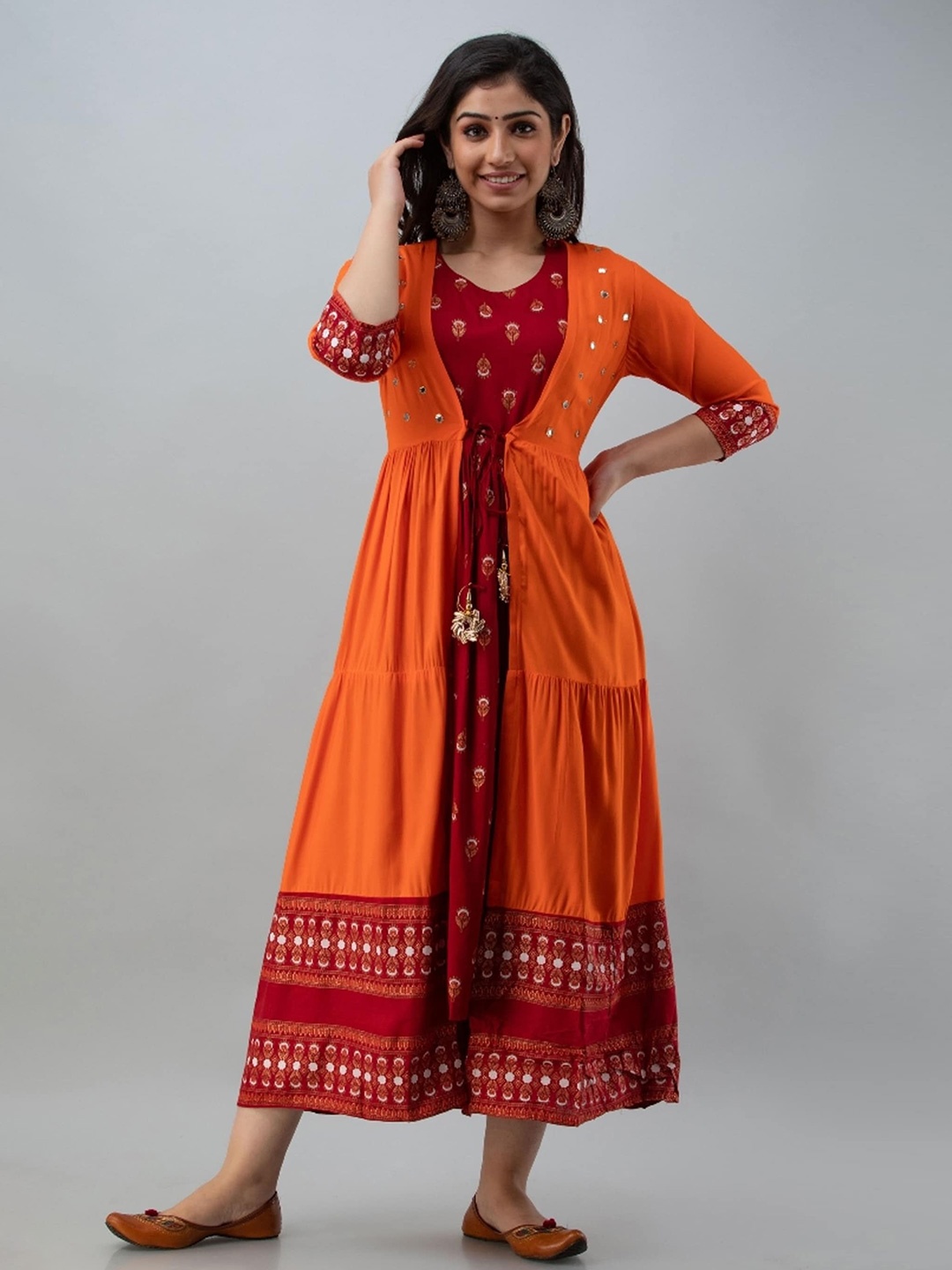 

misbis Floral Printed Layered Fit & Flare Midi Ethnic Dress With Long Shrug, Maroon