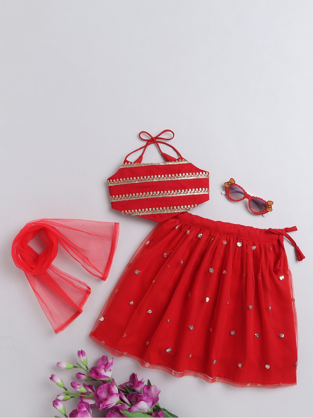 

MANY FROCKS & Girls Sequin Embroidered Lehenga And Blouse With Dupatta, Red