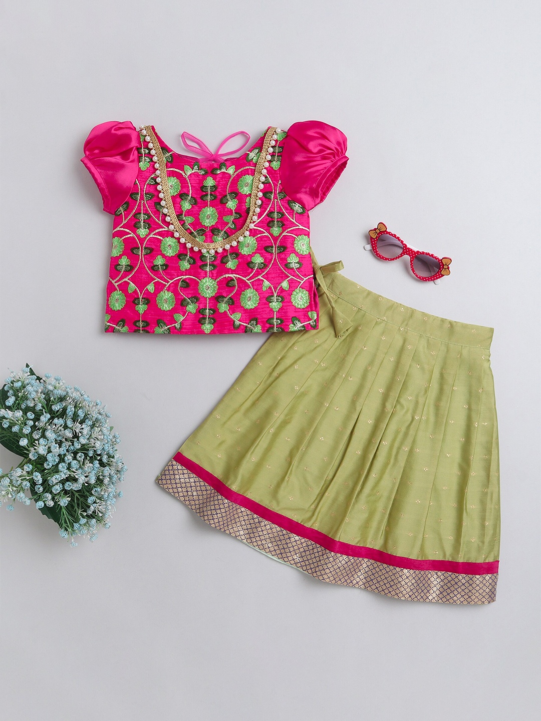 

MANY FROCKS & Girls Embroidered Lehenga With Blouse, Green