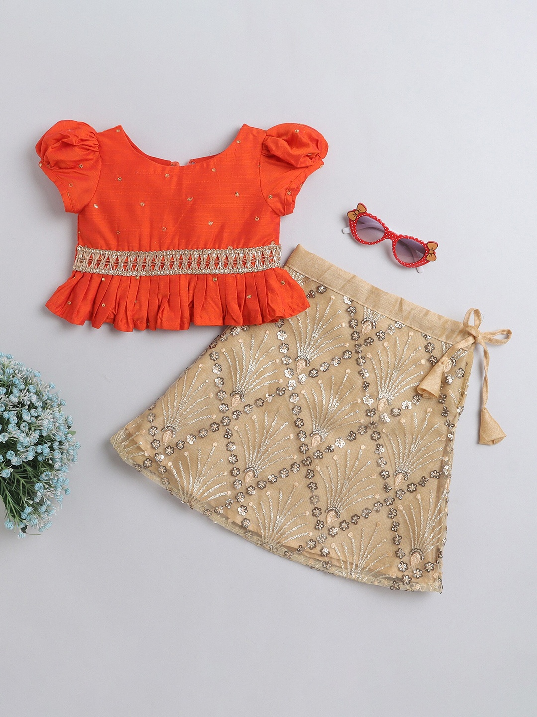 

MANY FROCKS & Girls Embellished Thread Work Ready to Wear Lehenga, Cream
