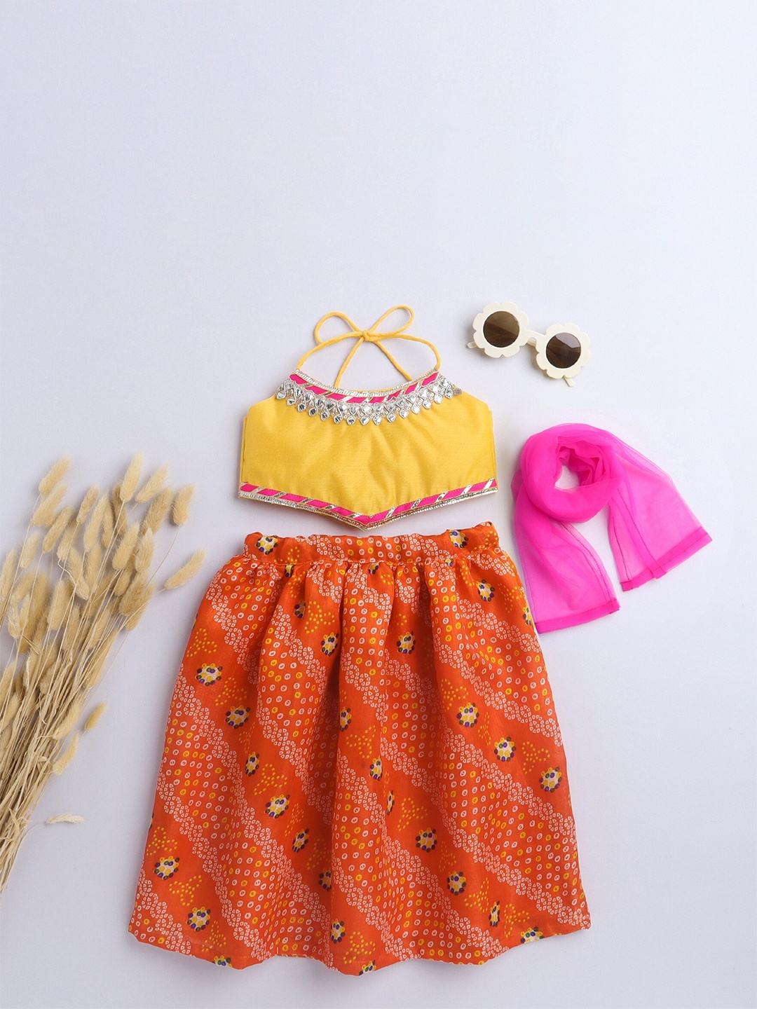 

MANY FROCKS & Girls Embellished Ready to Wear Lehenga Blouse With Dupatta, Orange