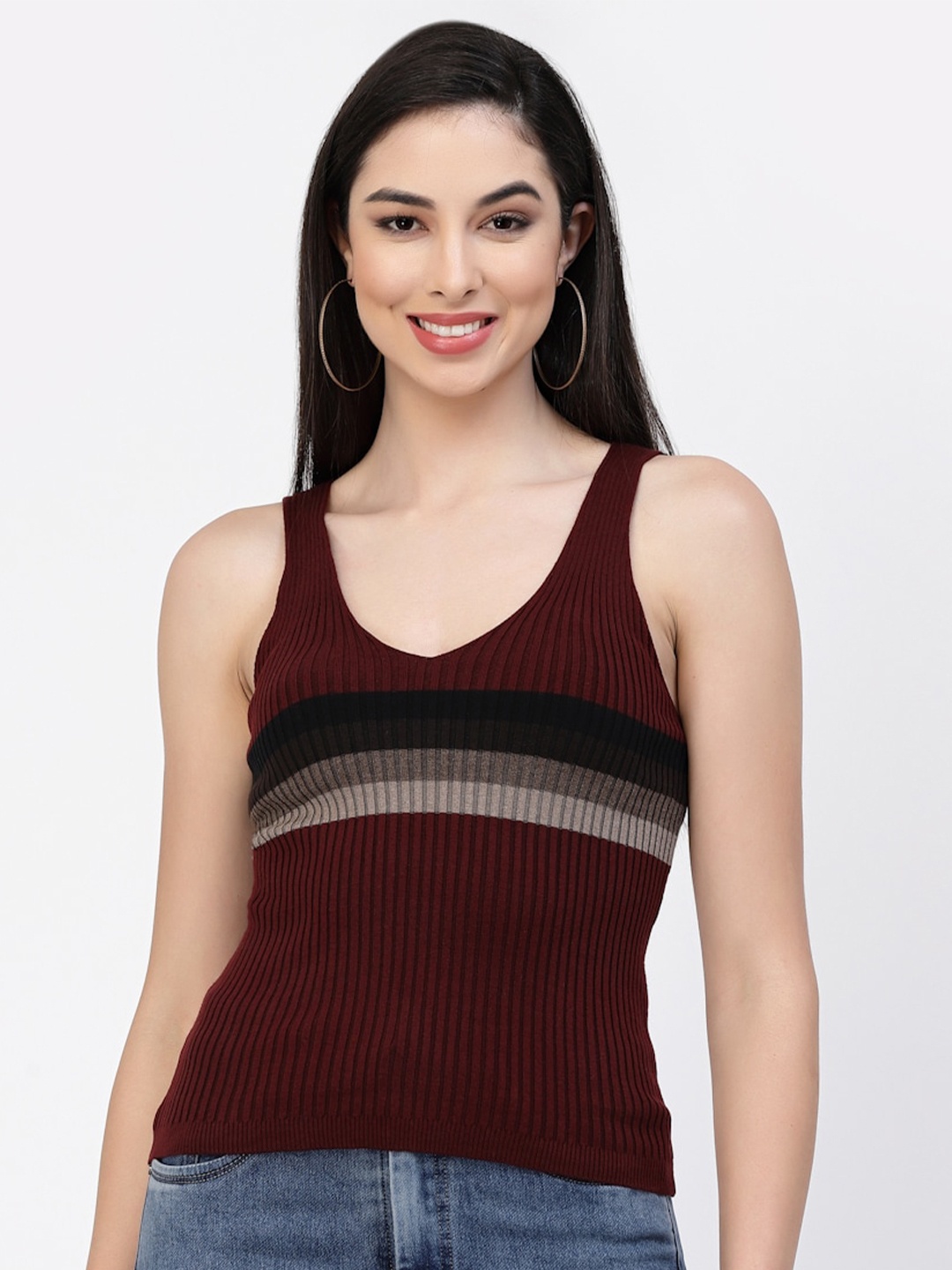 

Kalt Striped V-Neck Sleeveless Tank Top, Maroon