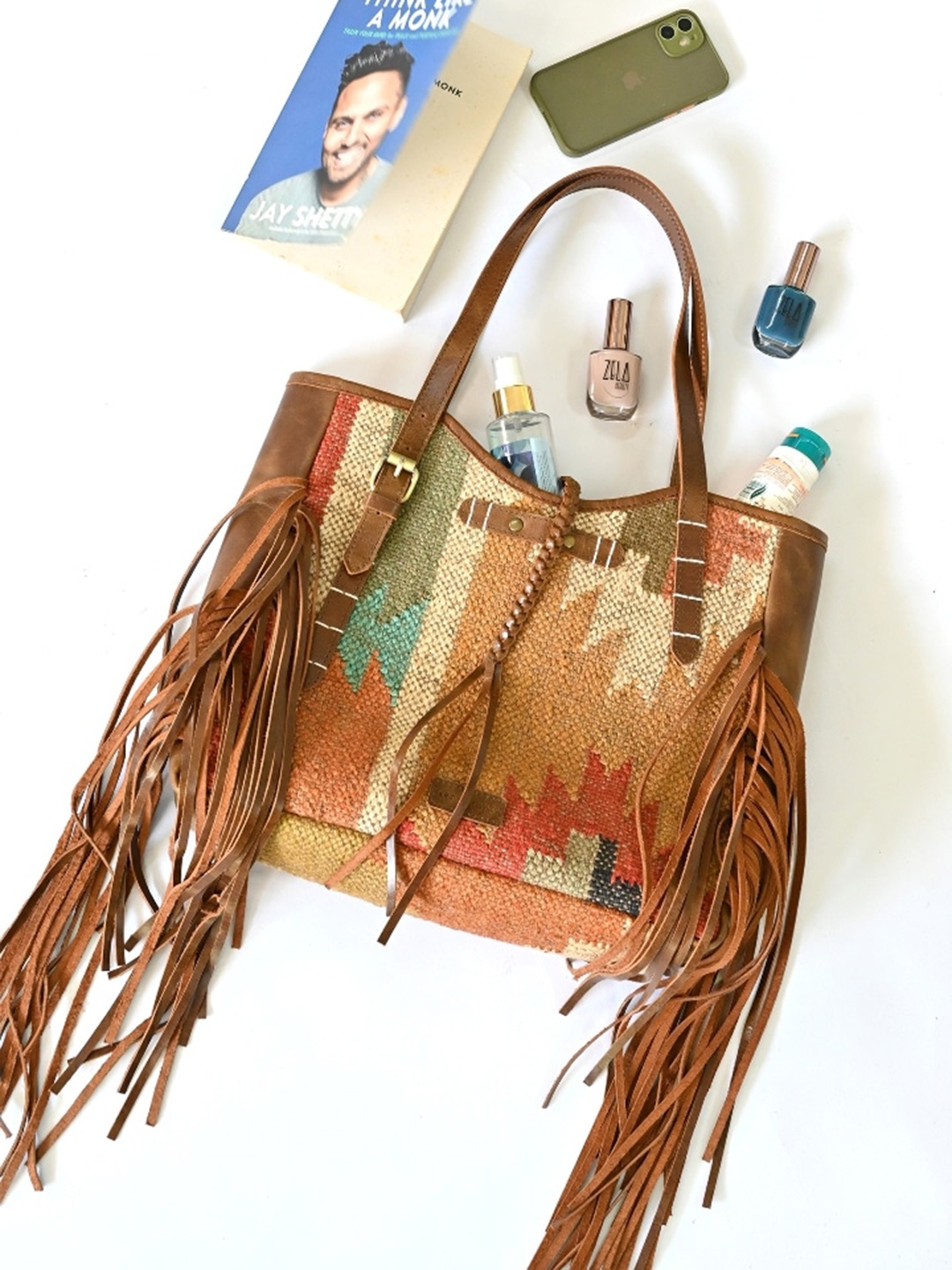 

Art Avenue Geometric Printed Leather Structured Shoulder Bag With Fringed, Tan