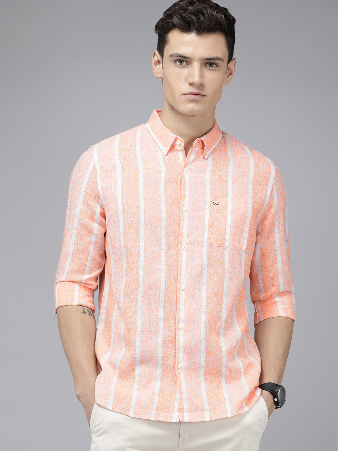 

THE BEAR HOUSE Men Slim Fit Semi Sheer Striped Casual Shirt, Orange