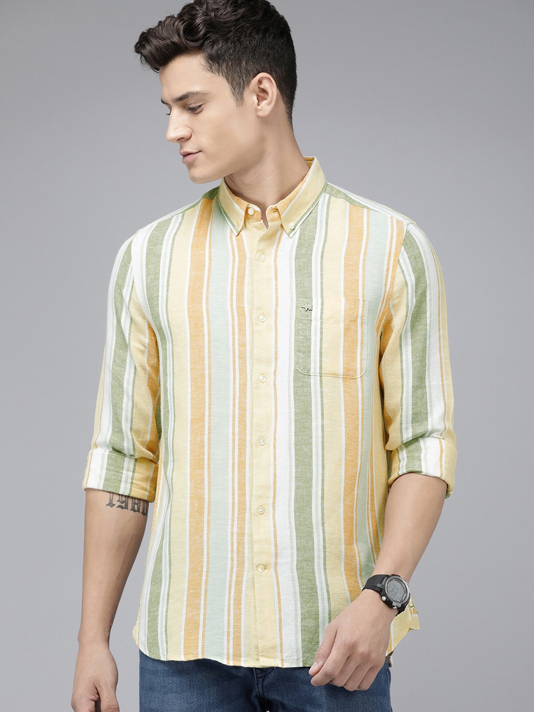

THE BEAR HOUSE Men Slim Fit Striped Pure Cotton Casual Shirt, Yellow