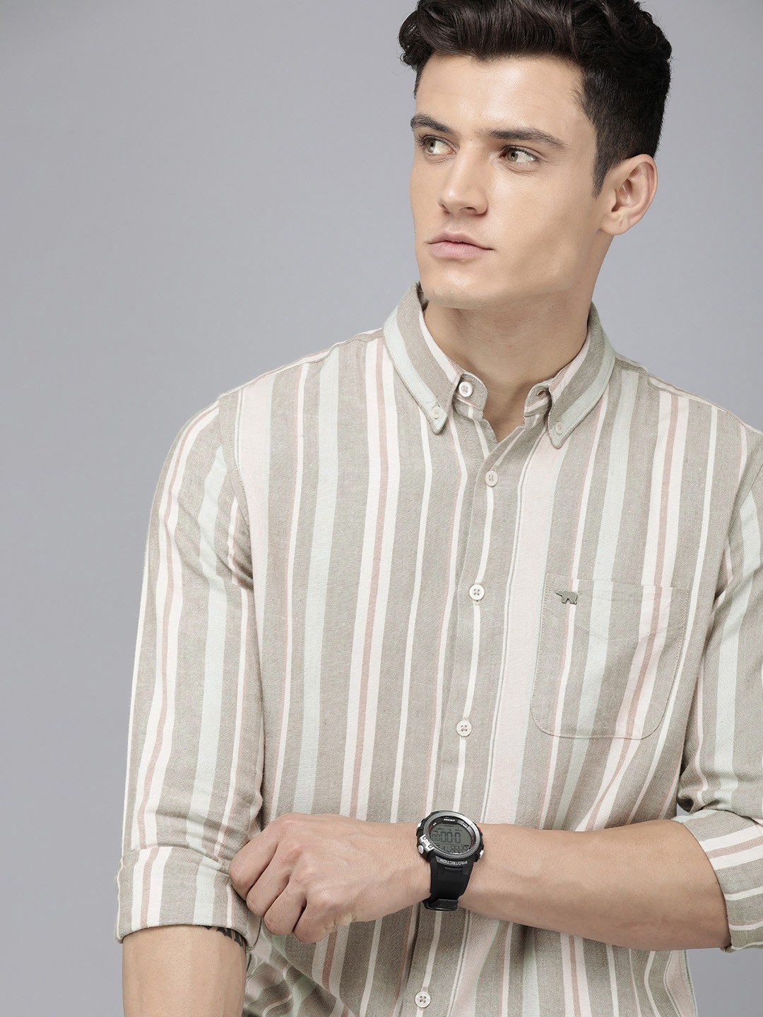 

THE BEAR HOUSE Men Slim Fit Opaque Striped Cotton Linen Casual Shirt, Grey