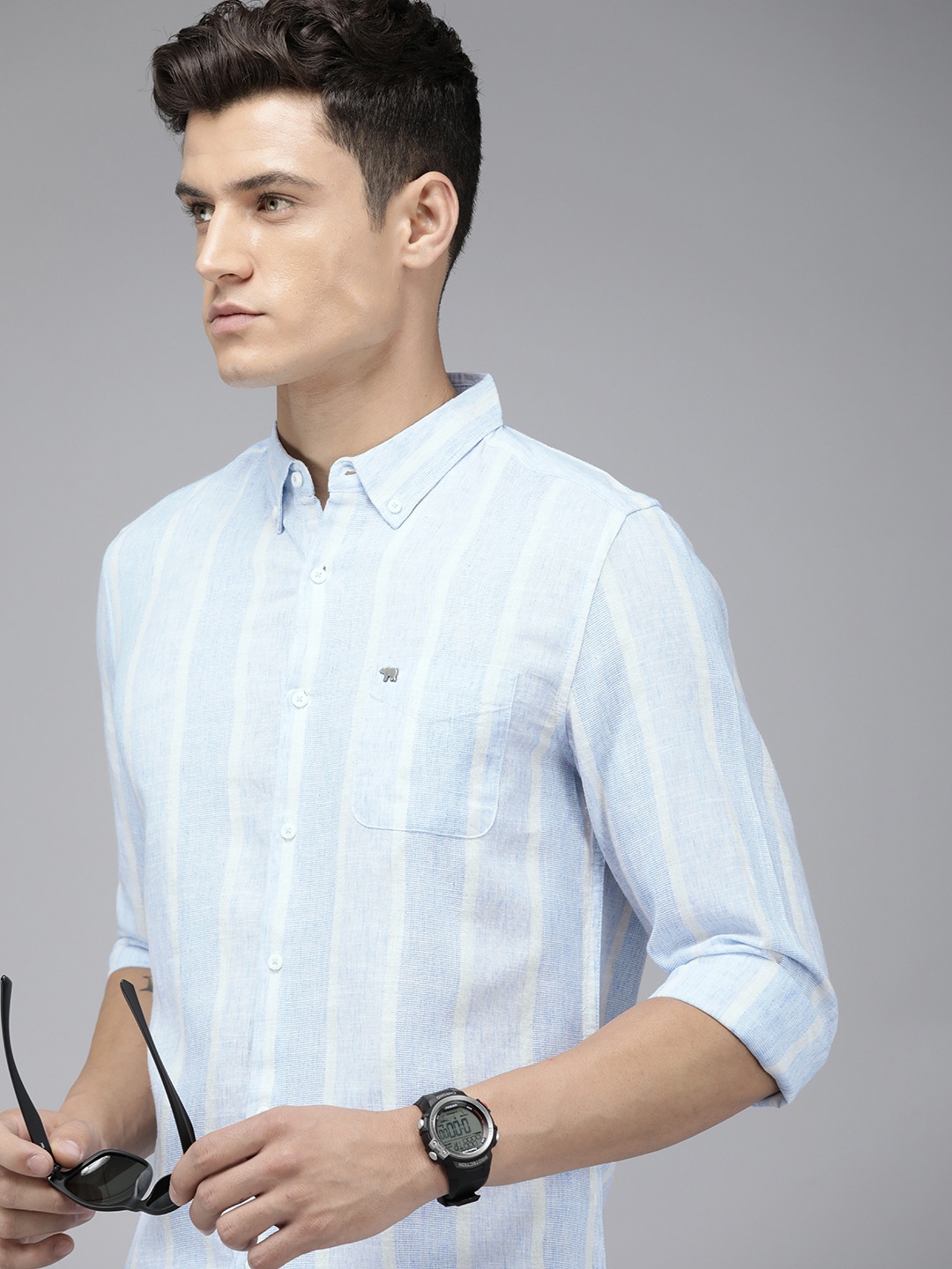

THE BEAR HOUSE Men Slim Fit Semi Sheer Striped Casual Shirt, Blue