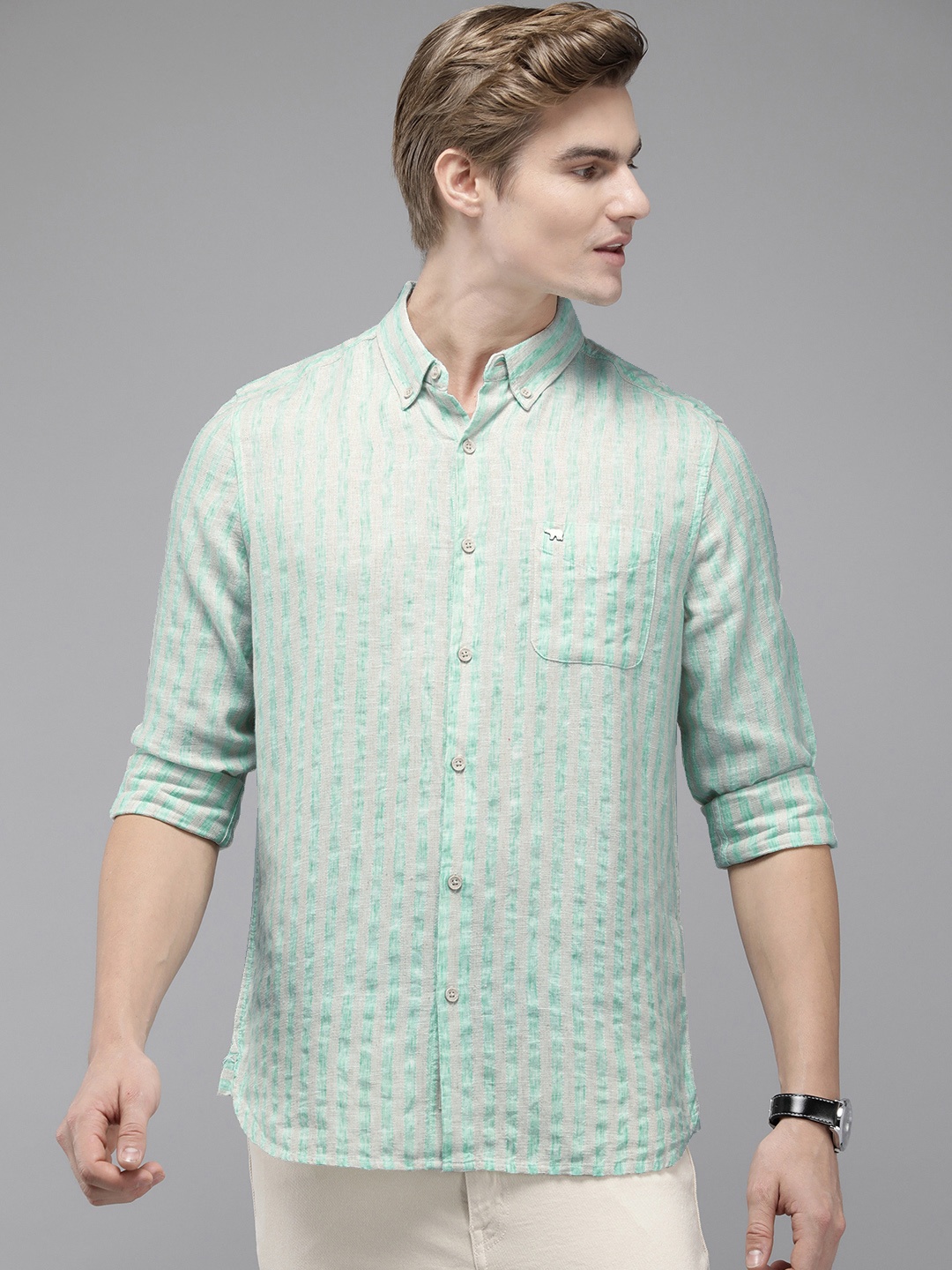 

THE BEAR HOUSE Men Slim Fit Semi Sheer Striped Casual Shirt, Green