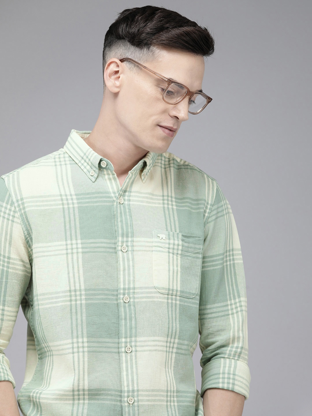 

THE BEAR HOUSE Men Slim Fit Tartan Checked Pure Cotton Casual Shirt, Green