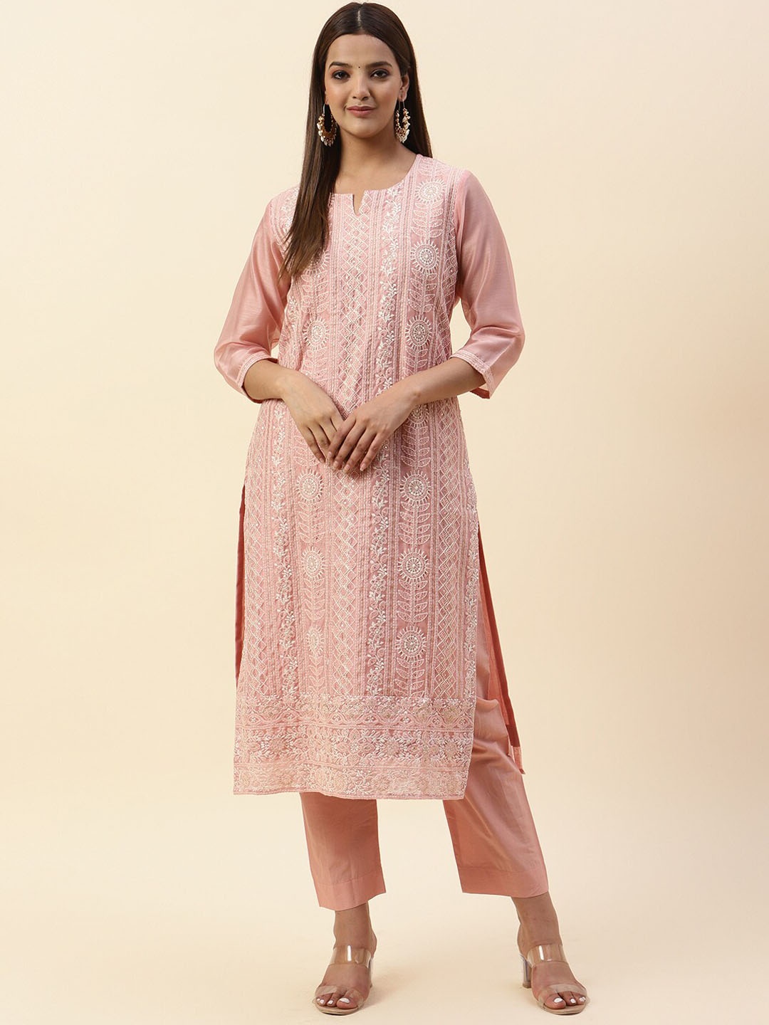 

Meena Bazaar Ethnic Motifs Embroidered Chanderi Silk Kurta With Trousers, Peach