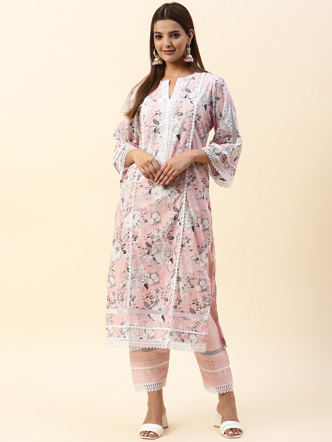 

Meena Bazaar Floral Printed Kurta With Trousers, Pink