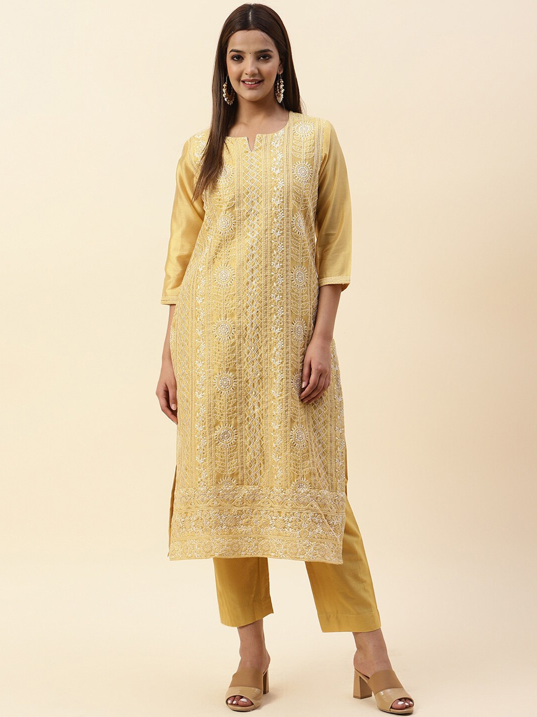 

Meena Bazaar Ethnic Motifs Embroidered Chikankari Work Chanderi Silk Kurta With Trousers, Mustard