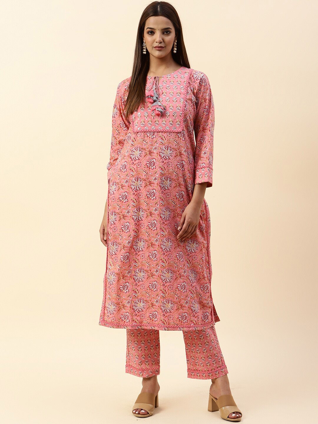 

Meena Bazaar Floral Printed Sequinned Kurta with Trousers, Pink