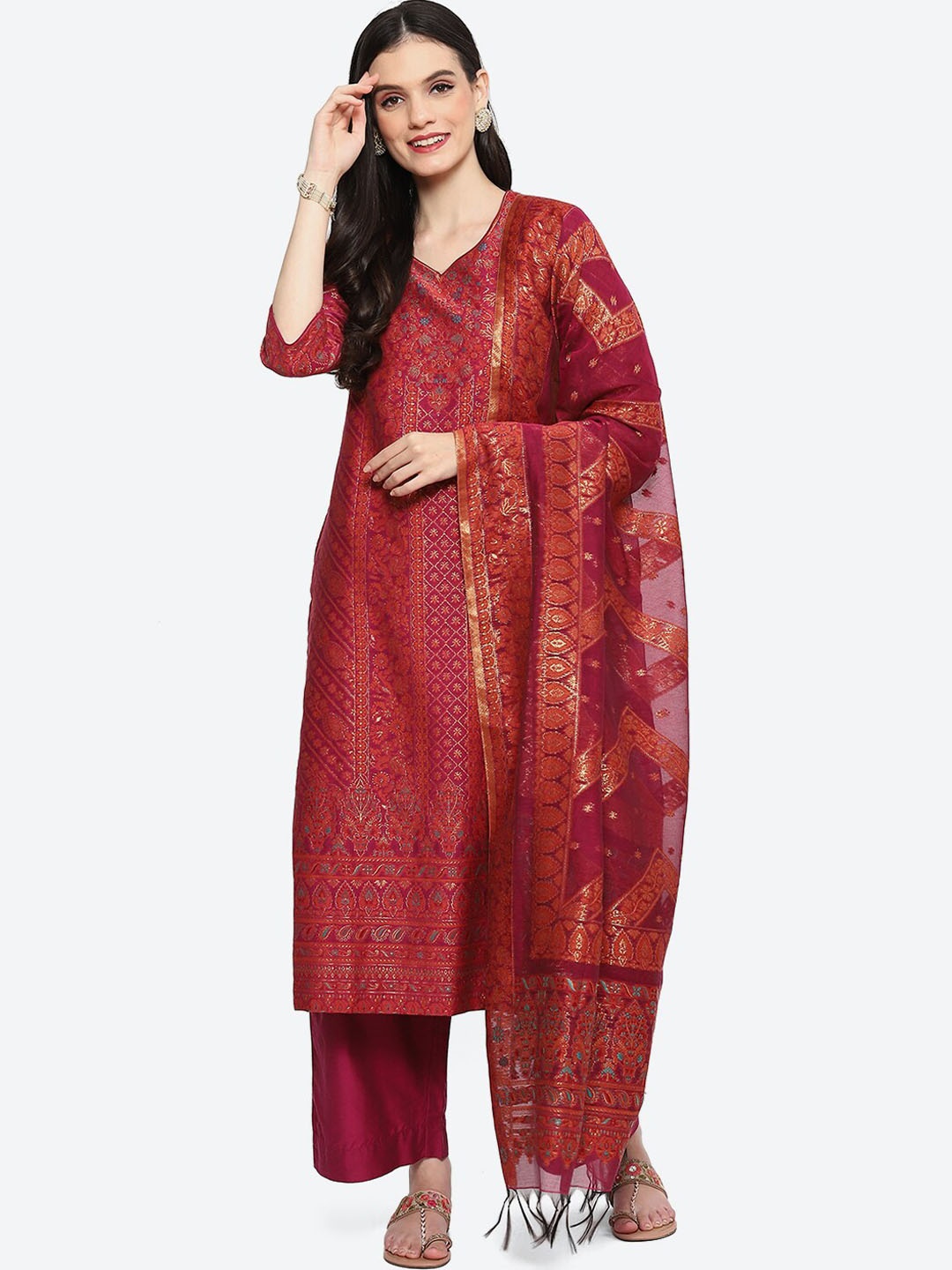 

Biba Ethnic Motifs Printed Regular Kurta with Palazzos & With Dupatta, Fuchsia
