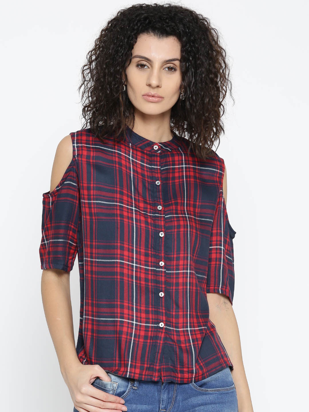 

Style Quotient Women Red & Navy Checked Cold Shoulder Casual Shirt