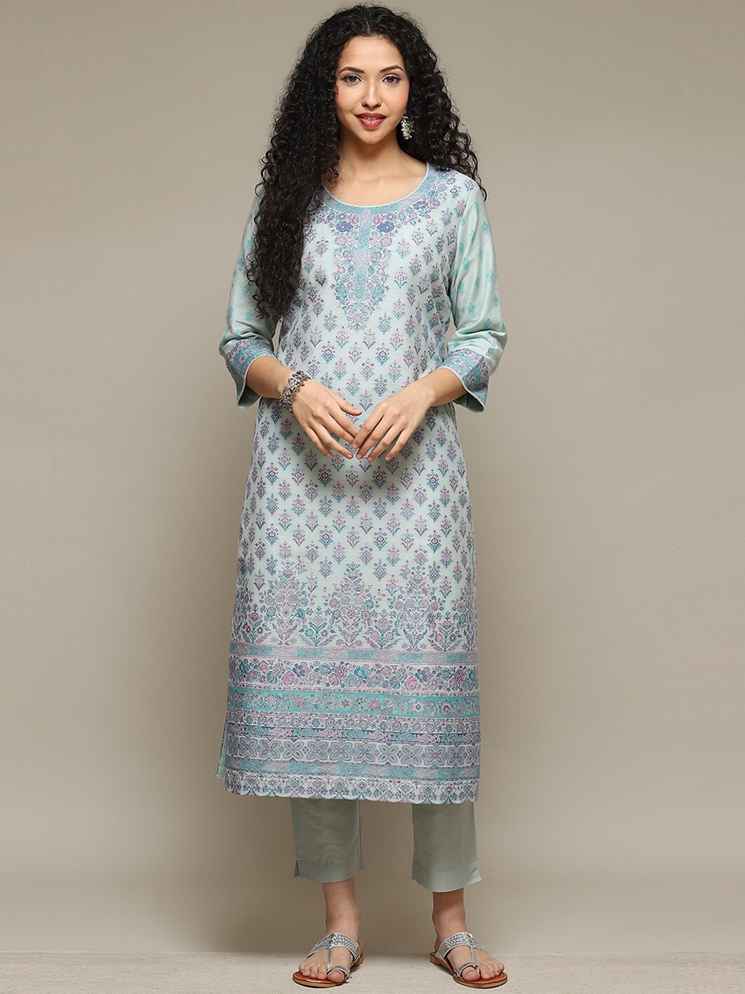 

Biba Ethnic Motifs Printed Kurta With Trousers & Dupatta, Blue