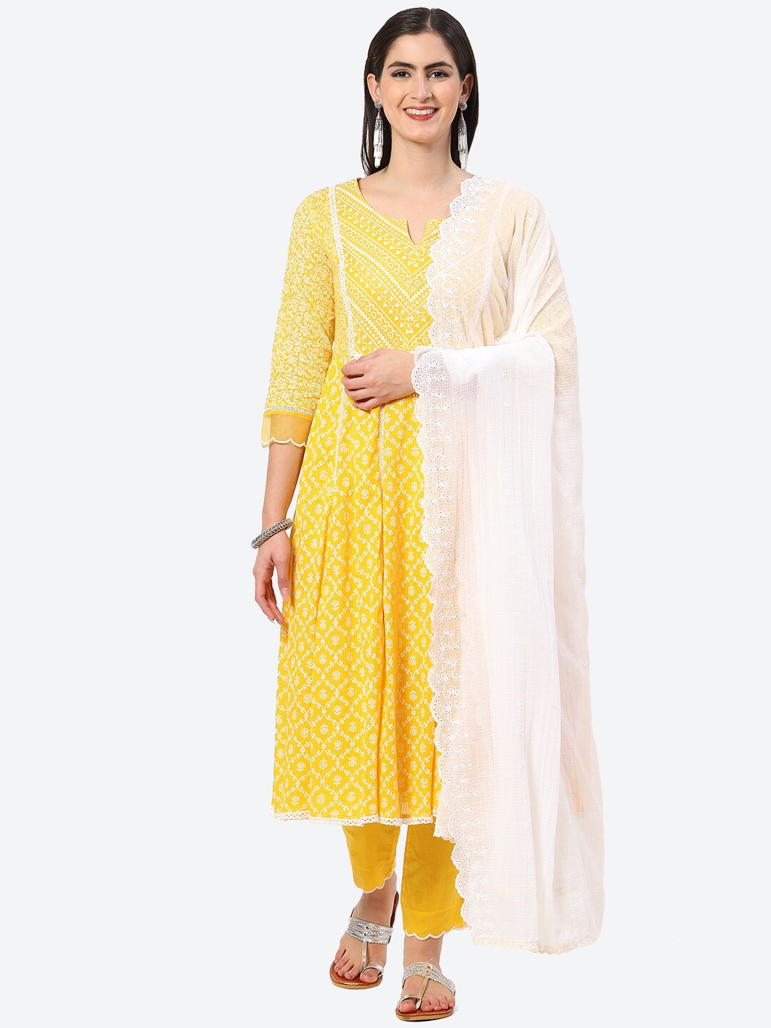 

Biba Ethnic Motifs Printed Regular Kurta with Trousers & With Dupatta, Yellow