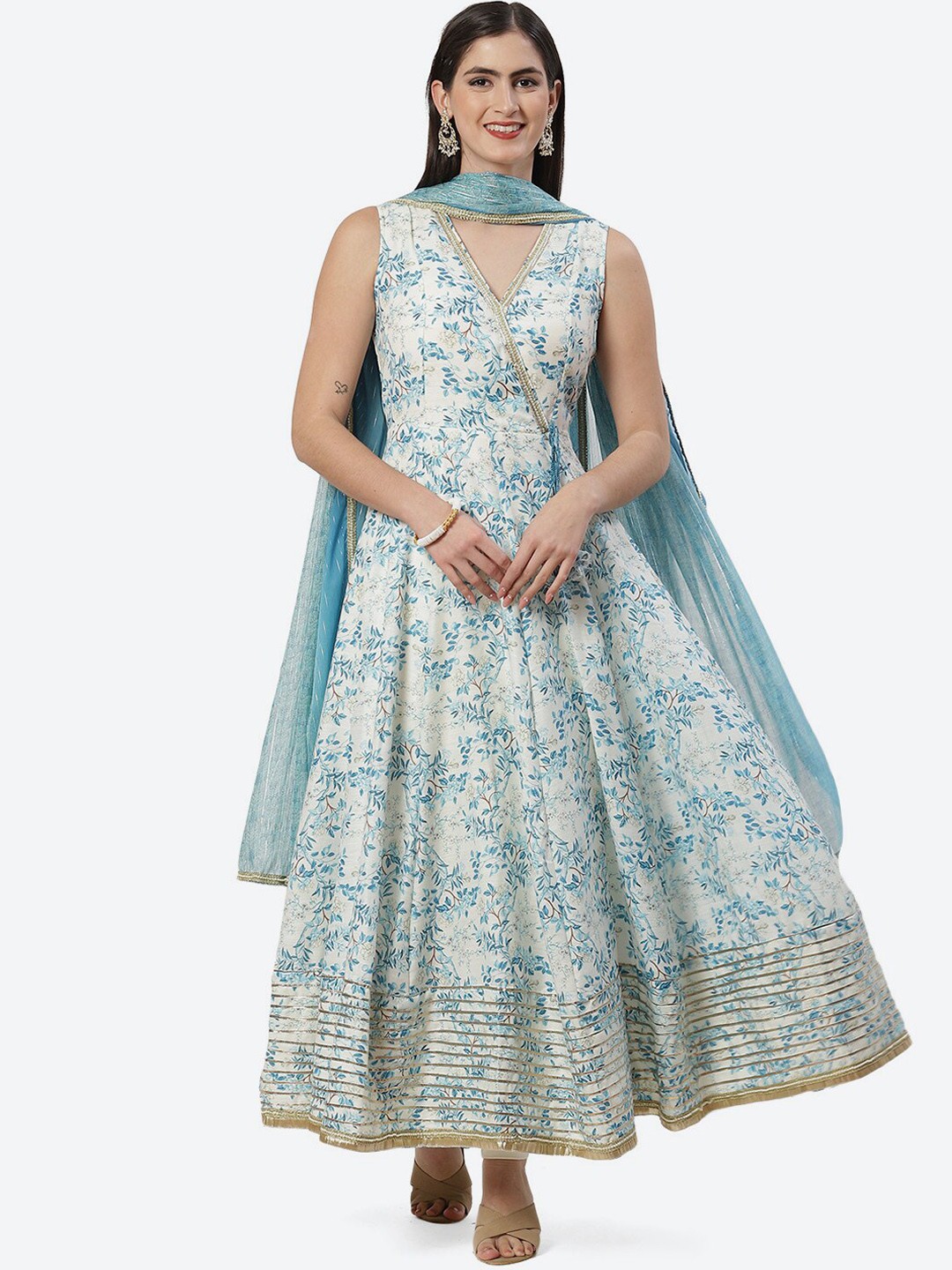 

Biba Floral Printed Angrakha Linen Kurta With Churidar & Dupatta, Off white