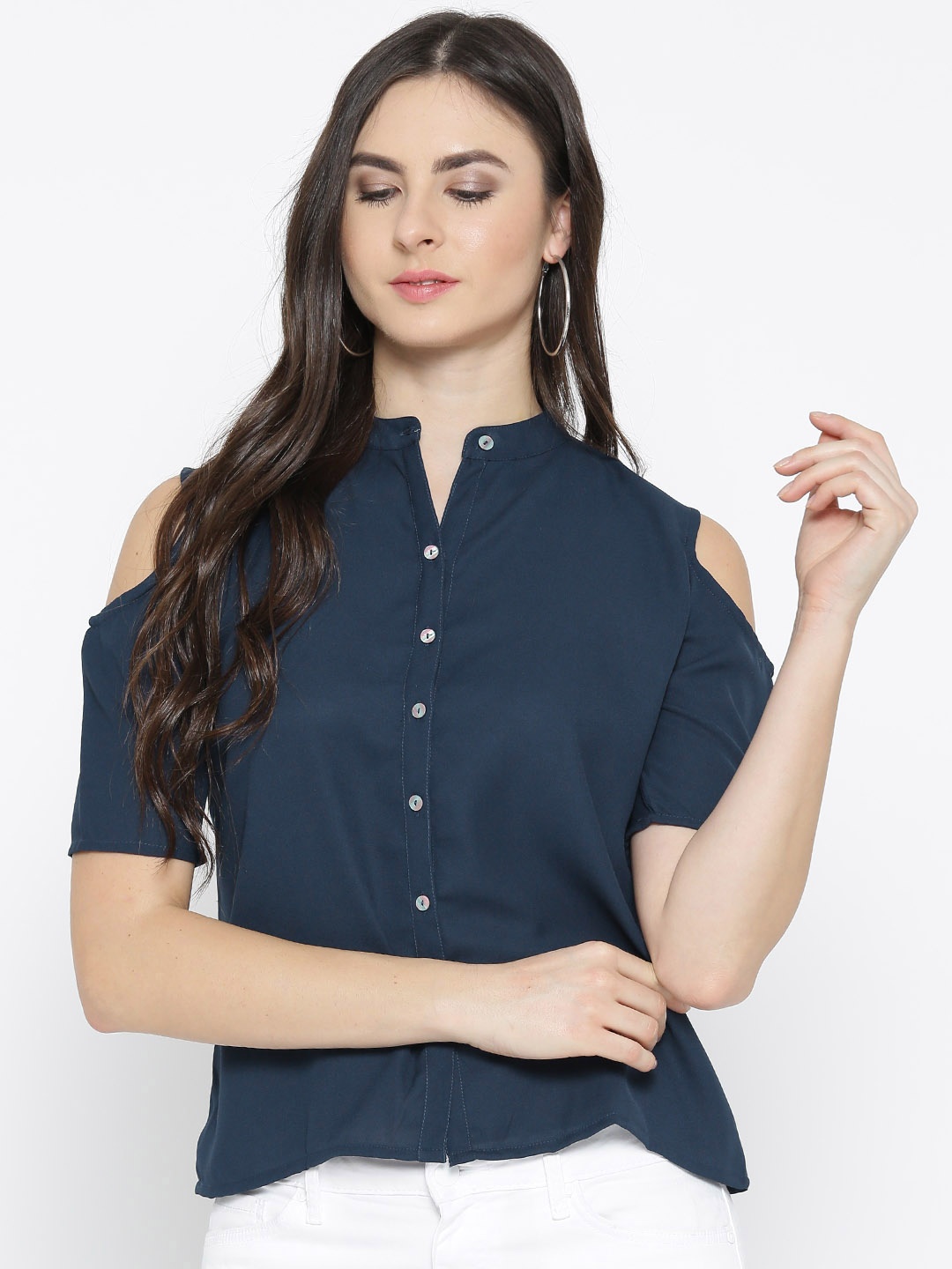 

Style Quotient Women Navy Solid Cold Shoulder Casual Shirt, Navy blue
