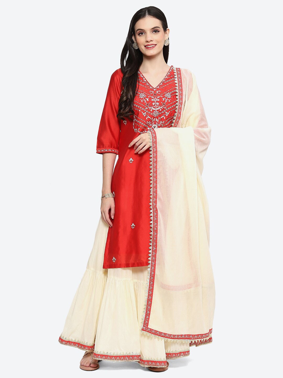 

Biba Ethnic Motifs Embroidered Sequined Kurta with Sharara & Dupatta, Red