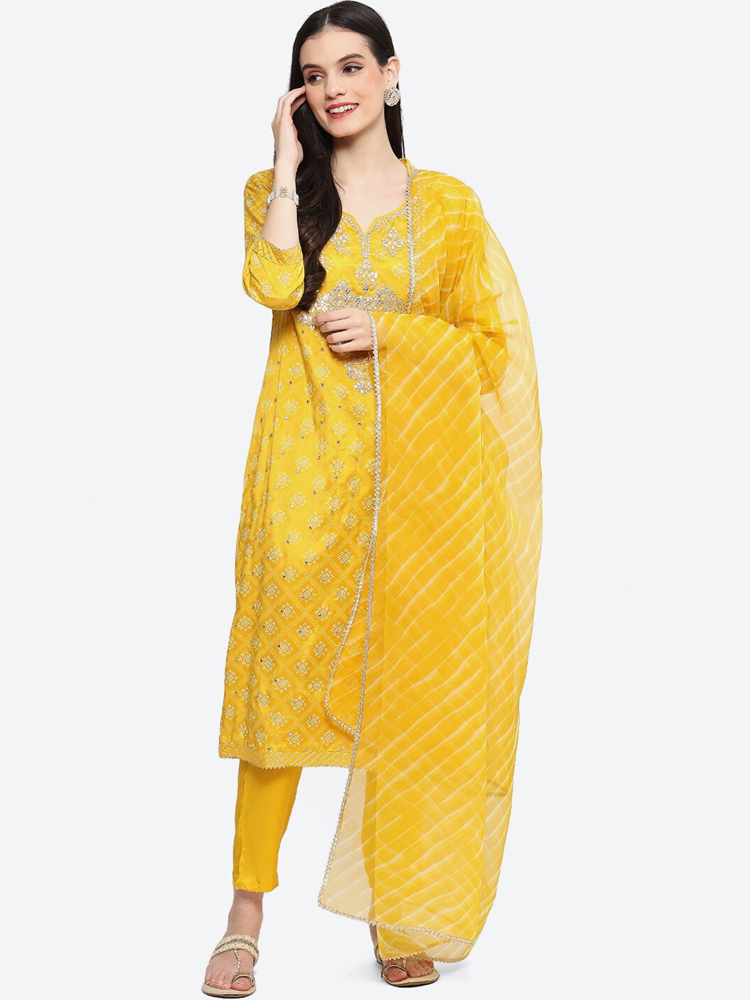 

Biba Bandhani Printed Gotta Patti Kurta with Trousers & Dupatta, Yellow