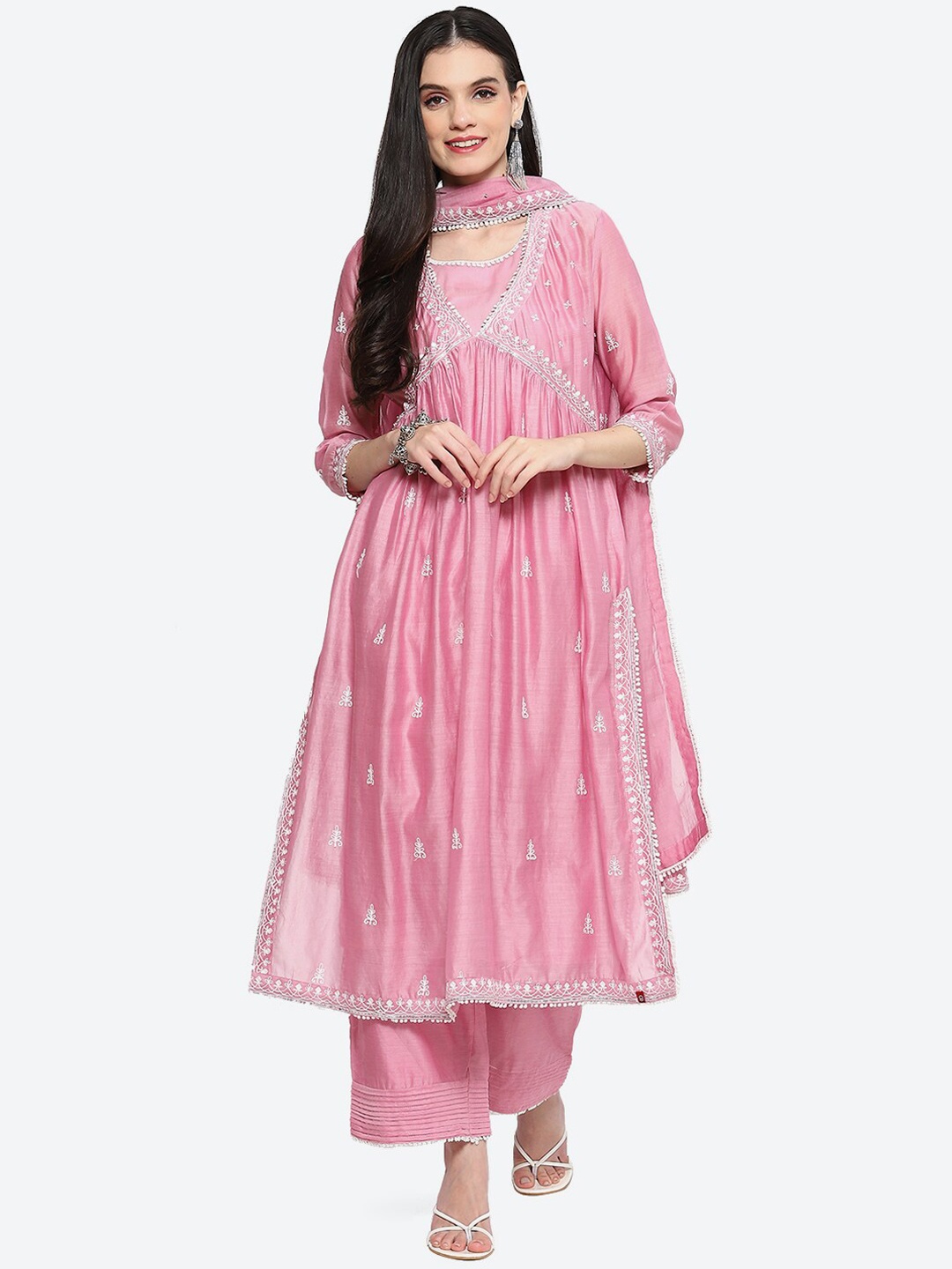 

Biba Ethnic Motifs Embroidered Sequined A-Line Kurta with Palazzos & Dupatta, Pink