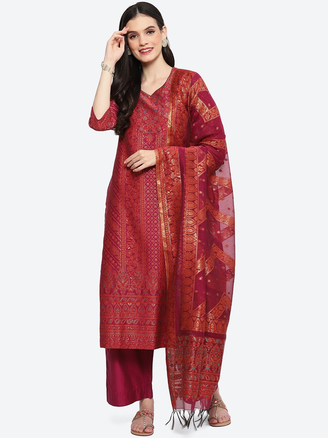 

Biba Ethnic Motifs Woven Design Kurta with Trousers & Dupatta, Magenta