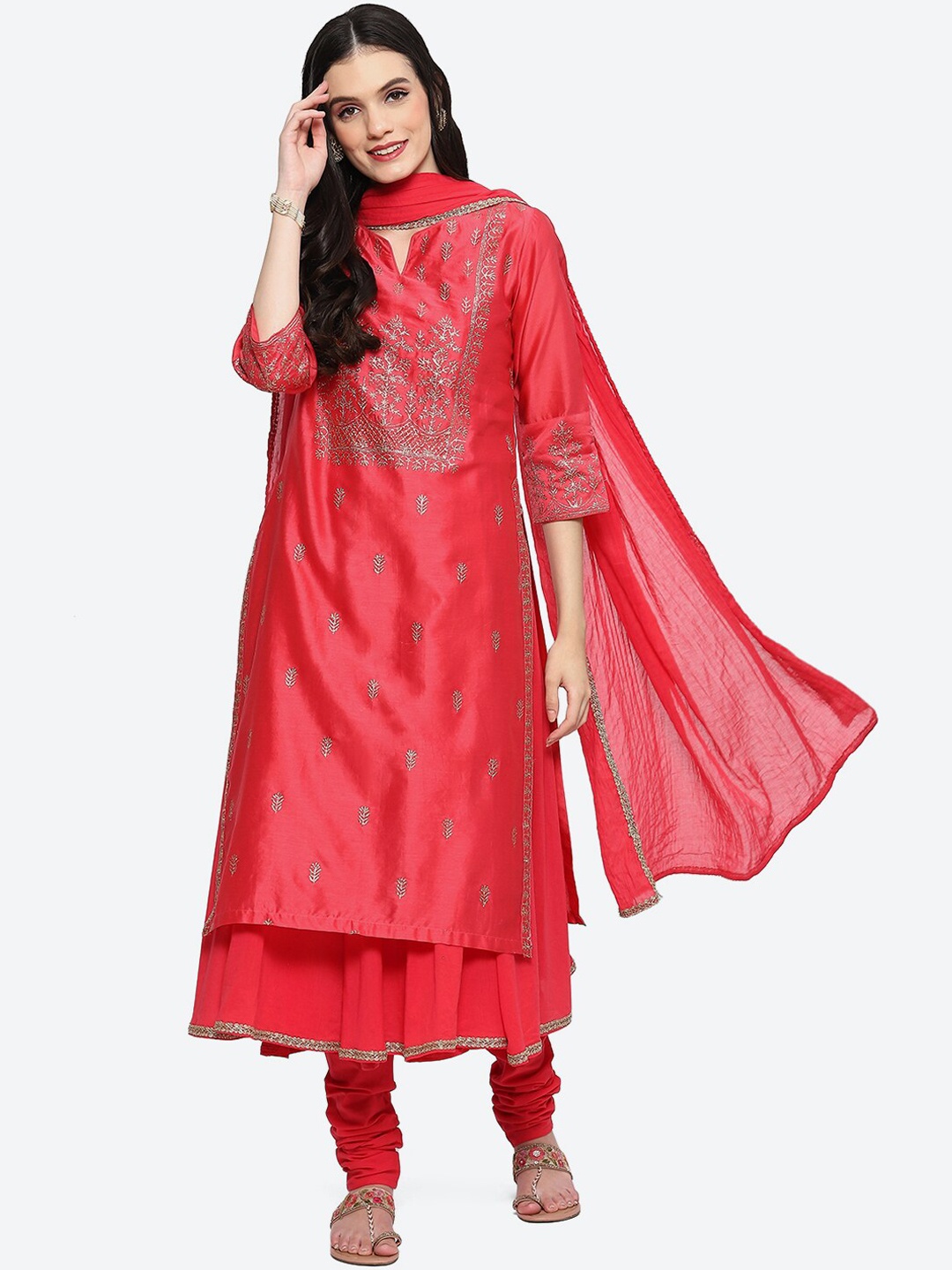 

Biba Ethnic Motifs Embroidered Layered A-Line Kurta with Churidar & Dupatta, Red