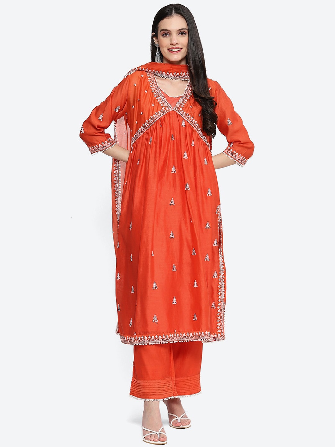 

Biba Ethnic Motifs Embroidered Sequined A-Line Kurta with Palazzos & Dupatta, Coral