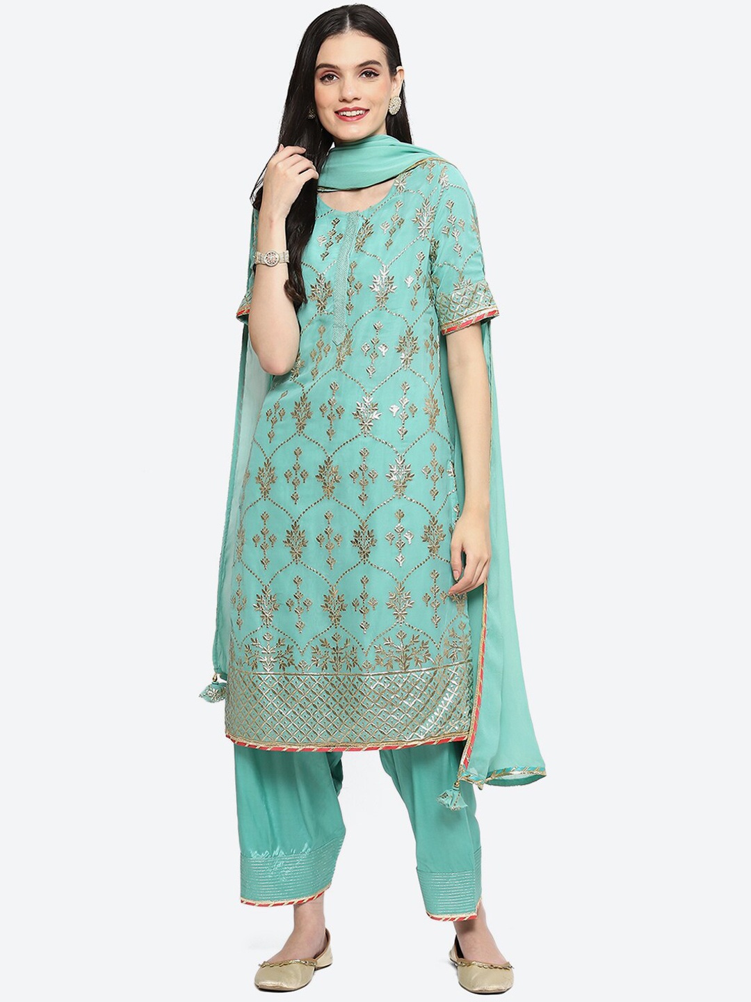 

Biba Ethnic Motifs Embroidered Gotta Patti Georgette Kurta with Salwar & Dupatta, Turquoise blue