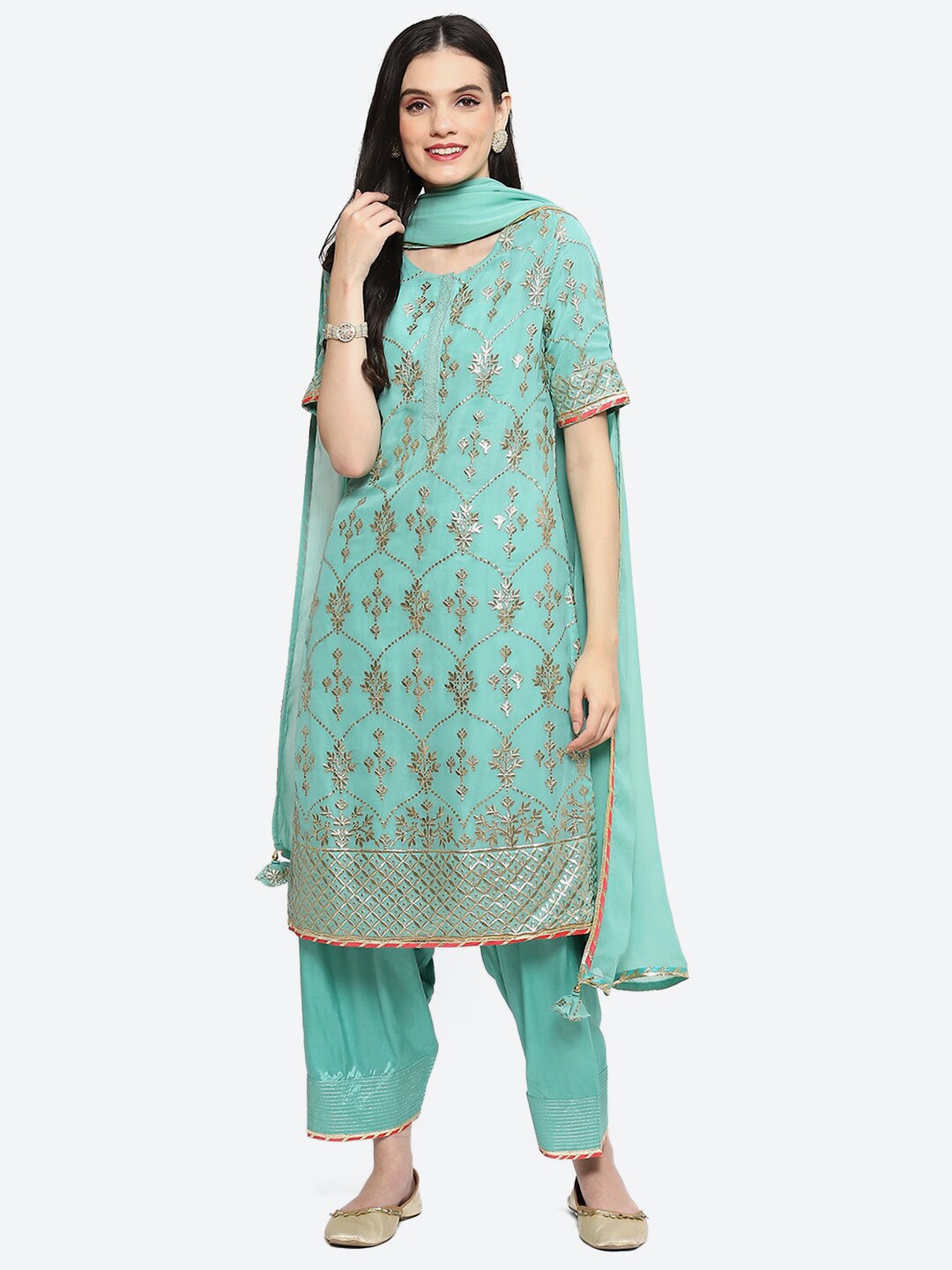 

Biba Ethnic Motifs Embroidered Gotta Patti Georgette Kurta with Salwar & Dupatta, Turquoise blue