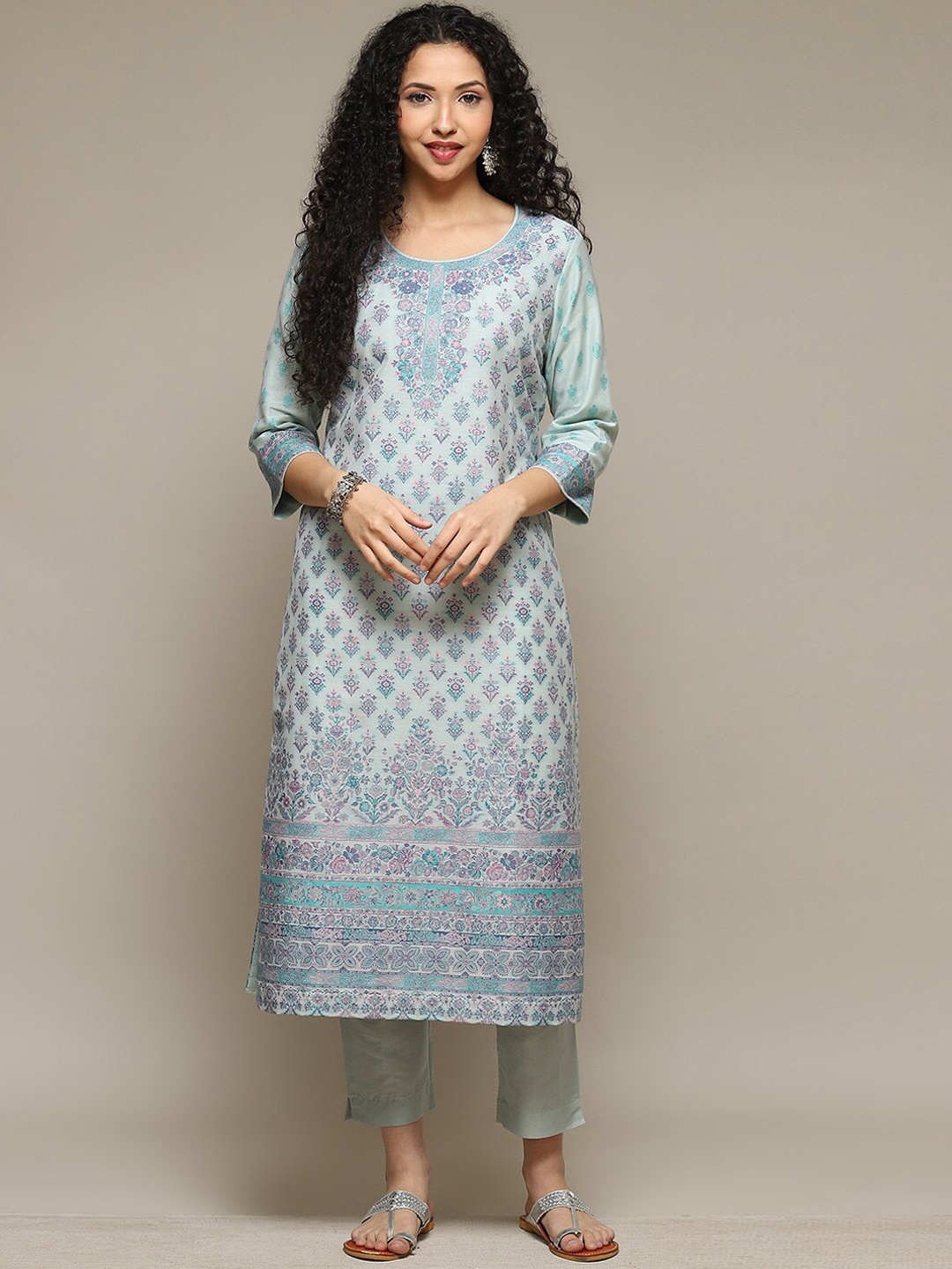 

Biba Ethnic Motifs Printed Kurta With Trousers & Dupatta, Blue