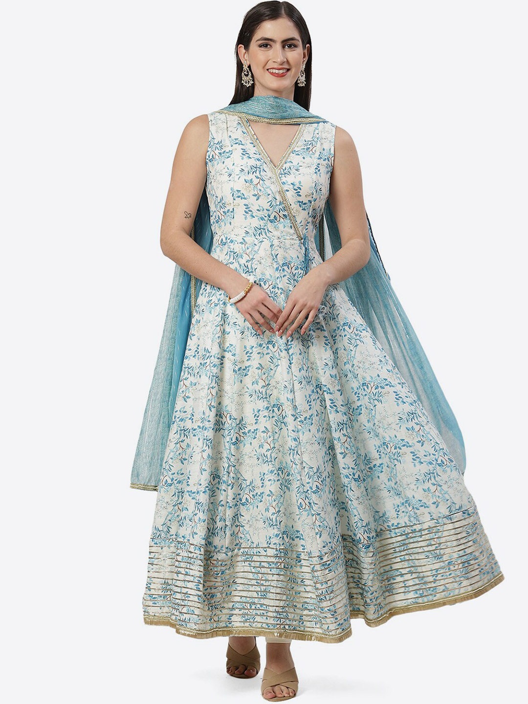 

Biba Floral Printed Sequined Linen Kurta with Churidar & Dupatta, Off white