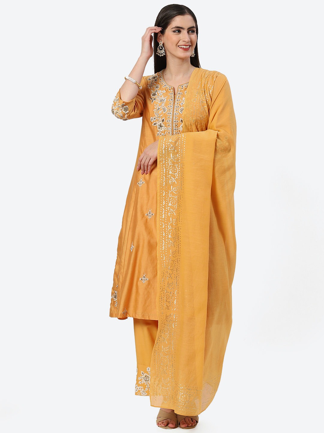 

Biba Floral Embroidered Sequined Kurta with Palazzos & Dupatta, Mustard