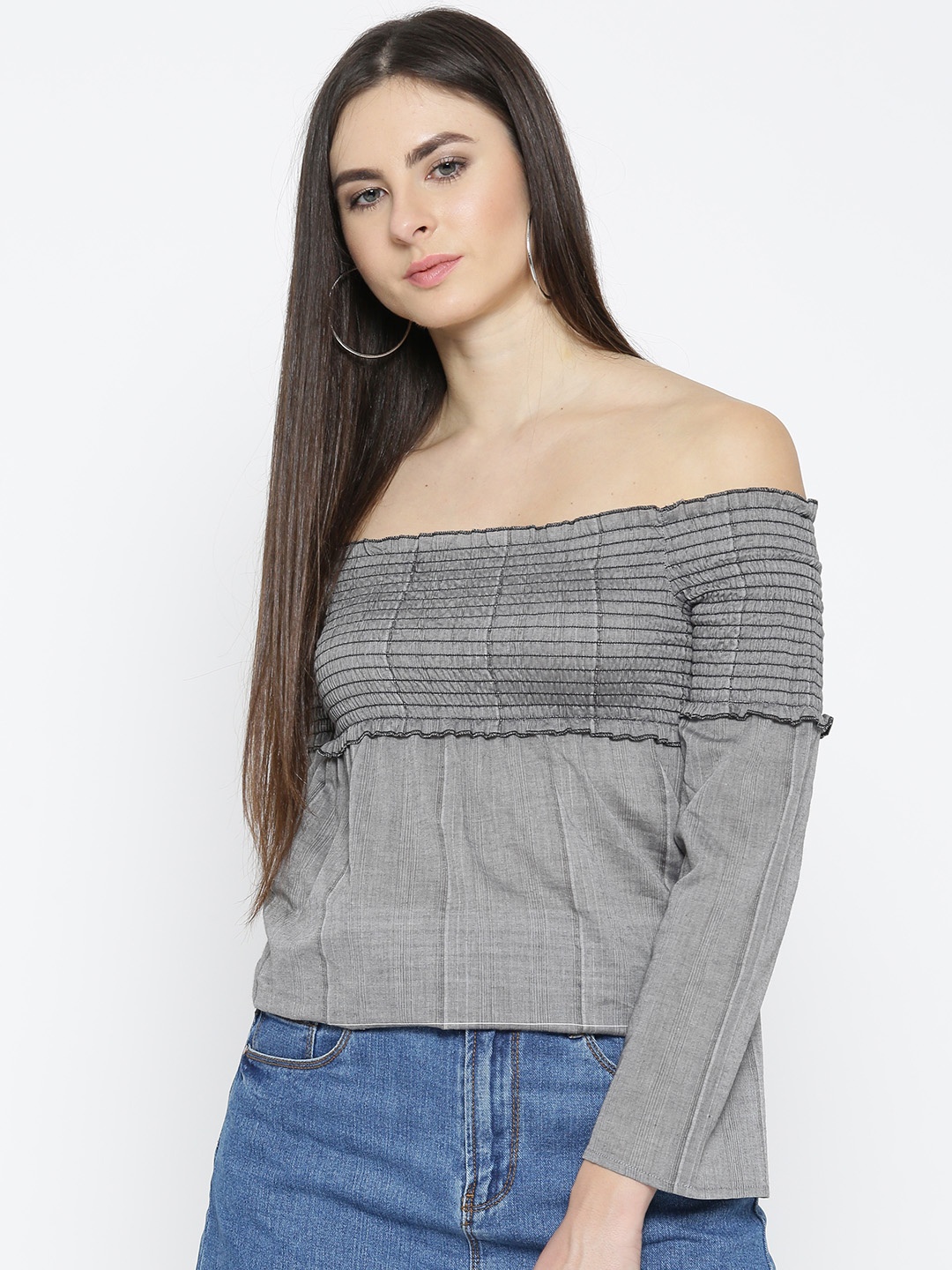 

Style Quotient Women Grey Striped Detail Bardot Top