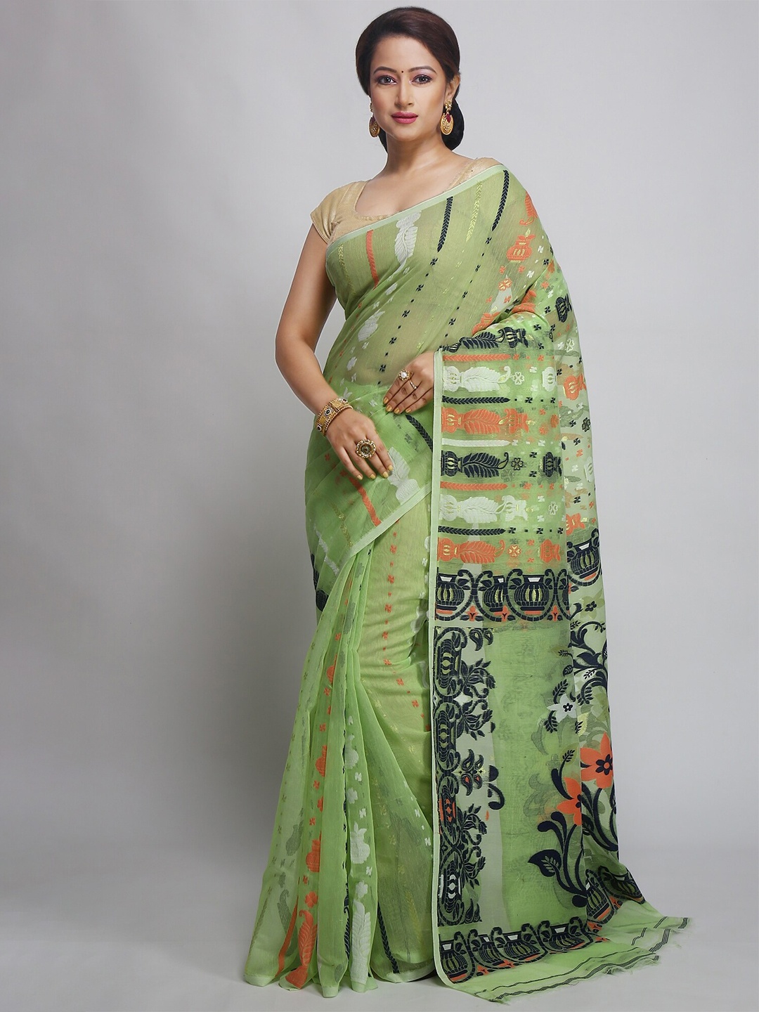 

WoodenTant Lime Woven Design Silk Cotton Jamdani Saree, Lime green