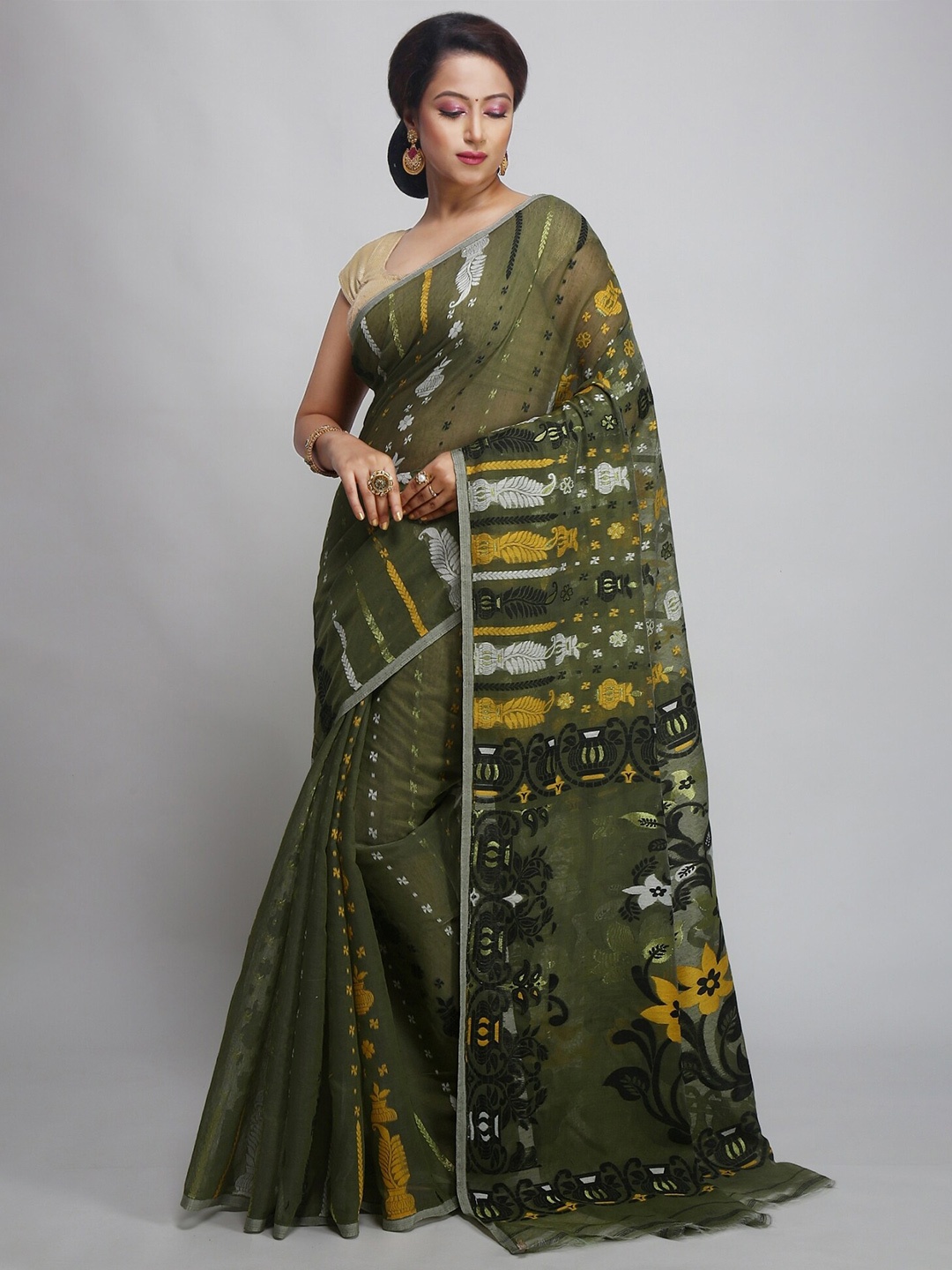 

WoodenTant Ethnic Motifs Woven Design Zari Silk Cotton Jamdani Saree, Olive