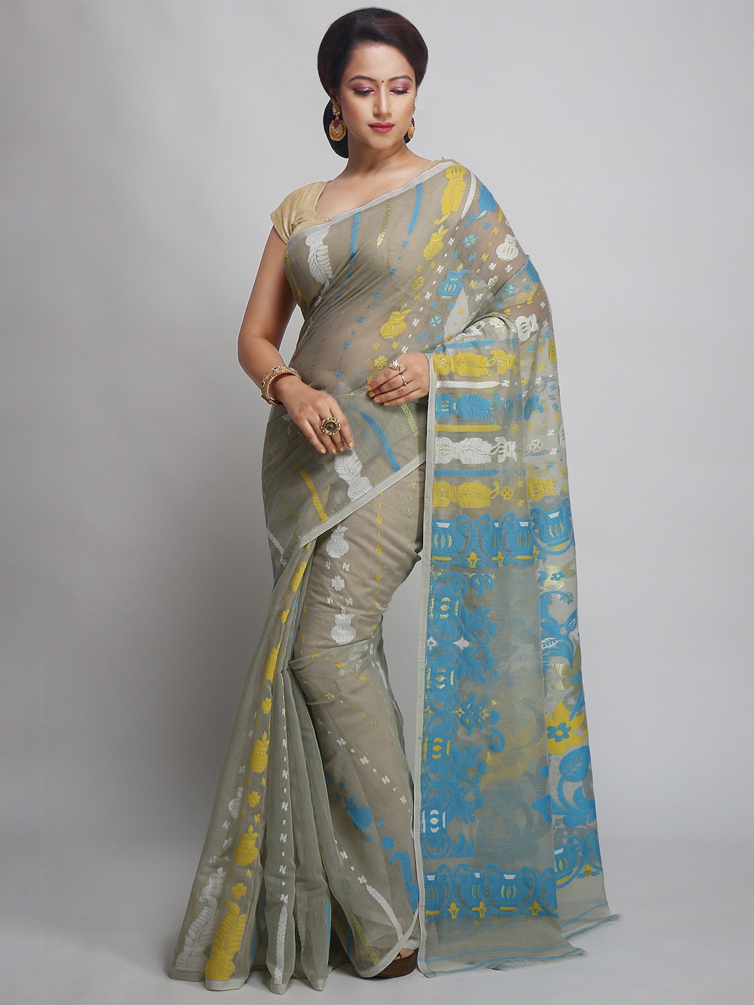 

WoodenTant Ethnic Motifs Woven Design Zari Silk Cotton Jamdani Saree, Grey