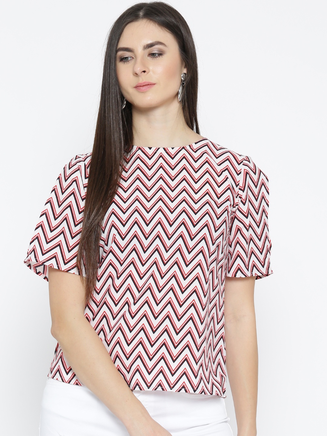 

Style Quotient Women Off-White & Red Chevron Print Styled Back Top