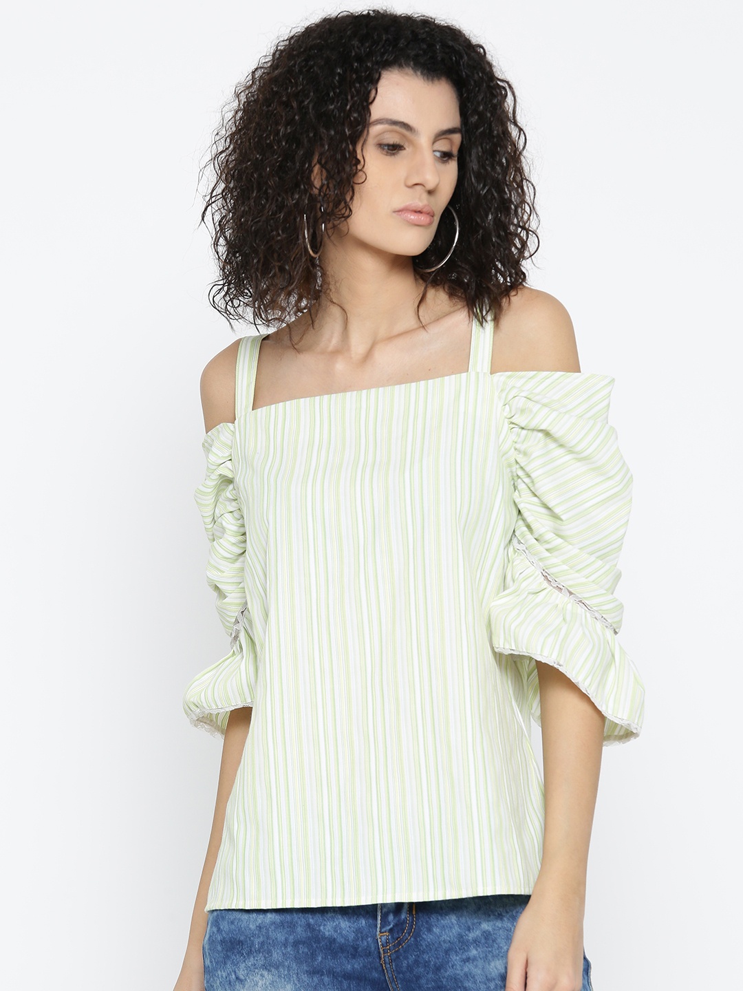 

Style Quotient Women Green Striped Bardot Top