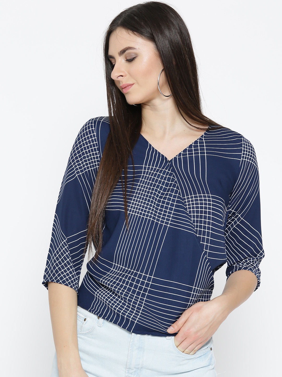 

Style Quotient Women Navy & White Checked Wrap Top, Navy blue