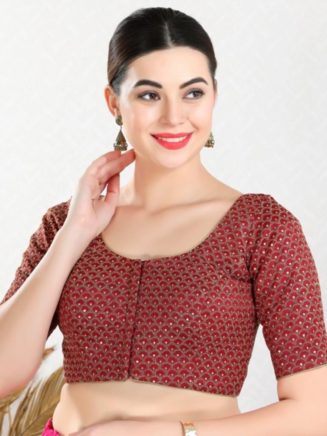

SALWAR STUDIO Woven Design Readymade Saree Blouse, Red