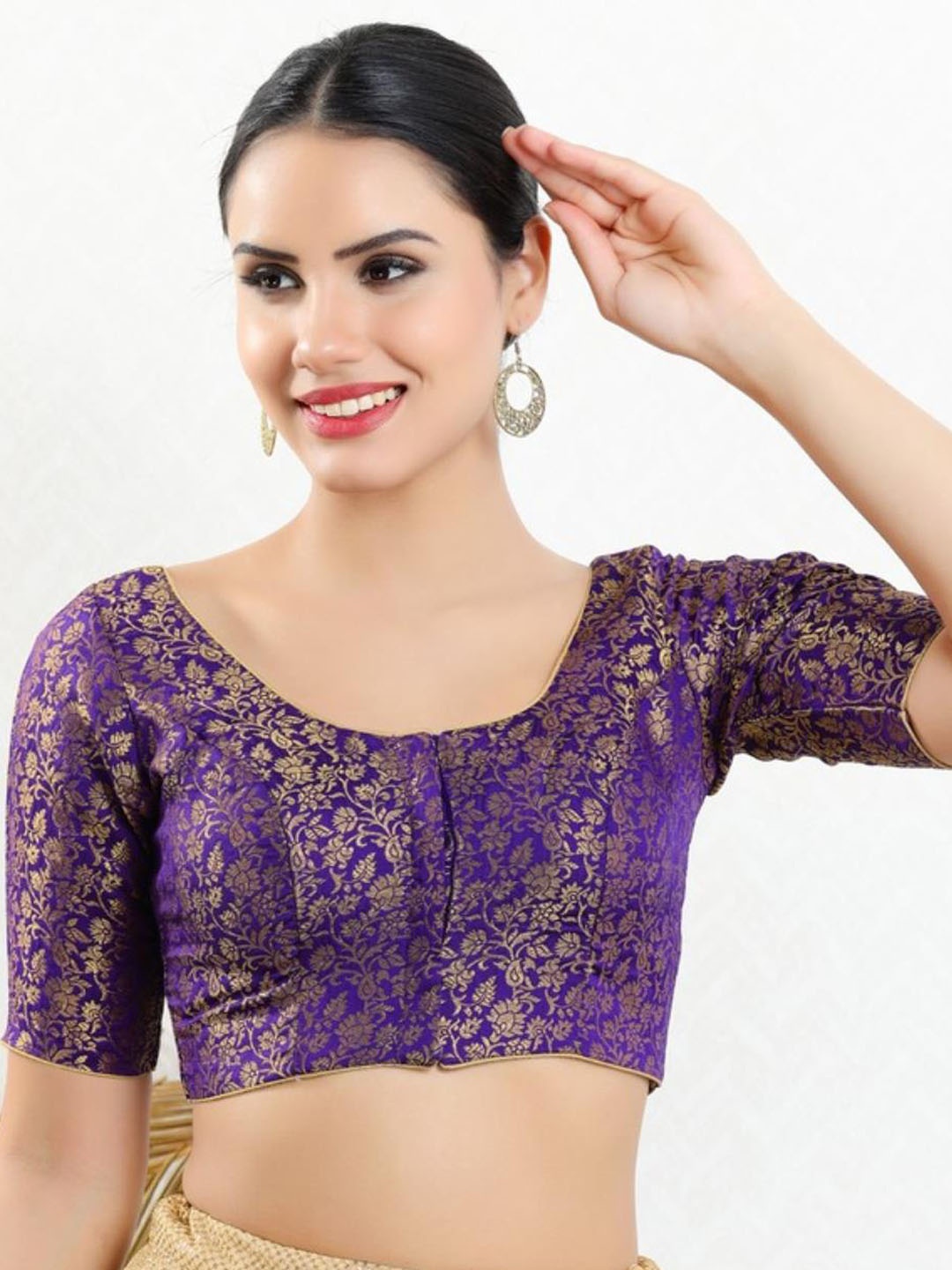 

SALWAR STUDIO Floral Woven Design Padded Saree Blouse, Purple