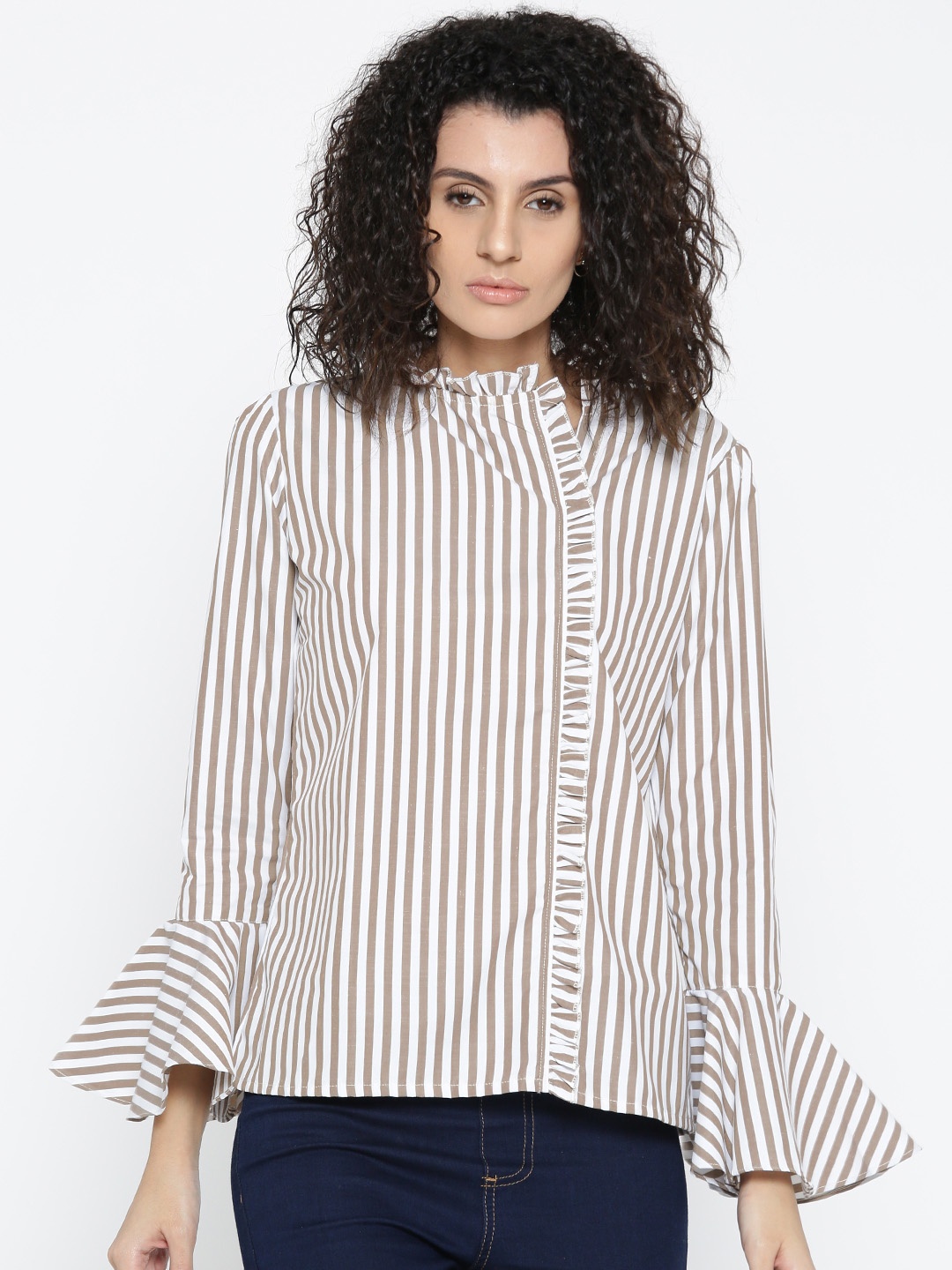 

Style Quotient Women White & Brown Striped Shirt Style Top